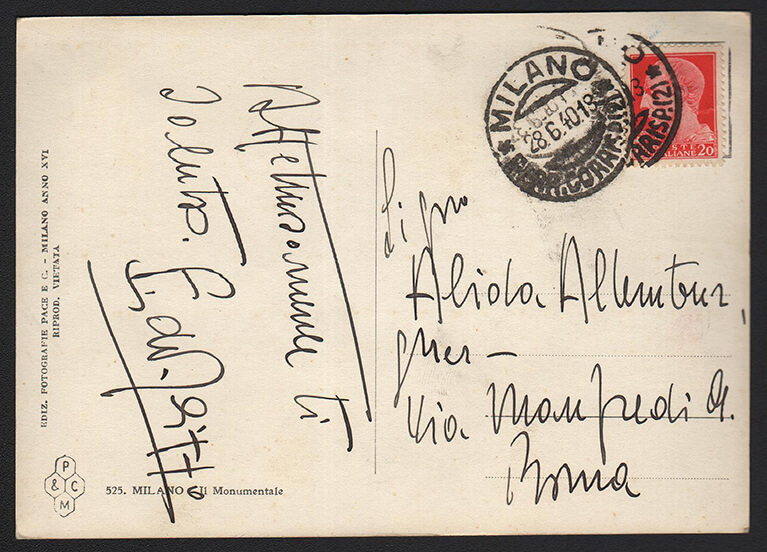 Mostra Fondo Alida Valli - Cartolina di Eduardo De Filippo, Milano 28 giugno 1940 (retro)