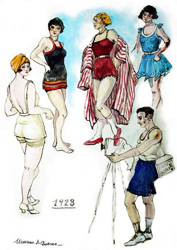 Mostra bozzetti di Marisa d'Andrea - Bozzetti per costumi da bagno donne e uomo del 1928 - Da più di un secolo abito da spiaggia 1988