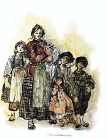 Mostra bozzetti di Marisa d'Andrea - Bozzetti per costumi di emigrata con bambini - La vita leggendaria di Ernest Hemingway 1988