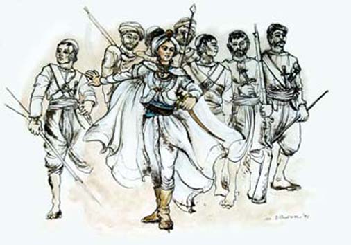 Mostra bozzetti di Marisa d'Andrea - Bozzetti per costumi di guerriglieri di Shanti - Progetto di film su Sandokan 1993