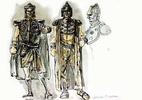 Mostra bozzetti di Marisa d'Andrea - Bozzetti per due costumi personaggi guerrieri - Il combattimento di Tancredi e Clorinda 1989