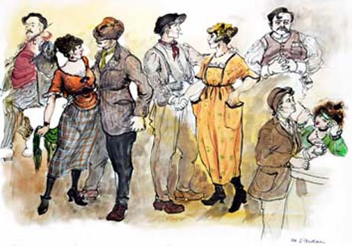 Mostra bozzetti di Marisa d'Andrea - Bozzetto per costumi di otto personaggi in una bal-musette - La vita leggendaria di Ernest Hemingway 1988