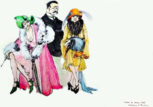 Mostra bozzetti di Marisa d'Andrea - Bozzetto per costumi di tre personaggi che aspettano di essere ricevute dal professore Preobazenskij - Cuore di cane 1975