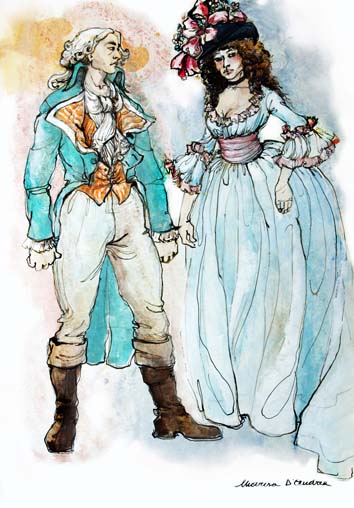 Mostra bozzetti di Marisa d'Andrea - Bozzetto per costumi personaggi Camille e Lucille Desmoulins - La morte di Danton 1977
