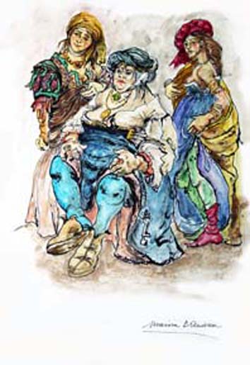 Mostra bozzetti di Marisa d'Andrea - Bozzetto per tre costumi di personaggi donne prostitute - Fantaghirò 2 1992